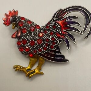 Embellished Rooster Brooch in Red, Black & Gold & Silver Rhinestones 3”